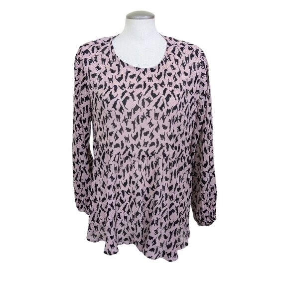 Cat Print Babydoll Top Womens XL Pink Plisse Blouse Long Balloon Sleeve Light - Picture 1 of 9